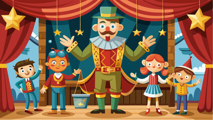Obraz premium Illustration of a vibrant stage performance with a costumed presenter and cheerful children under red curtains decorated with golden stars