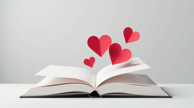 Open book with red paper hearts emanating from its pages, a symbol of love, romance, and cherished memories.