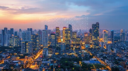 Fototapeta premium Illuminated Cityscape at Twilight Showing Network Connections