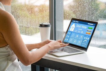 Smart home technology, centric remote control system with digital dashboard for air conditioning, safety security network or house automation. App software, ui panel programming IOT monitor snugly