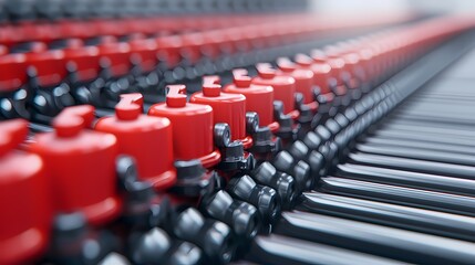 Obraz premium A close-up view of a series of red buttons lined up on a mechanical device, highlighting the intricate design and arrangement.