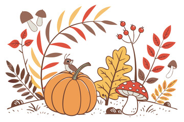 Autumn elements, colorful fall leaves, pumpkin, acorn, mushrooms, berries, apples, chestnuts, squash, fern, oak leaf, maple leaf, toadstools, botanical illustration, hand-drawn style, flat design,