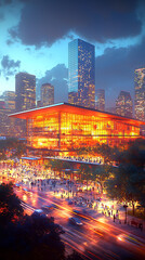 Obraz premium Stunning cityscape at twilight, showcasing a modern glass building illuminated with warm light. Crowds gather outside, creating a vibrant urban scene.