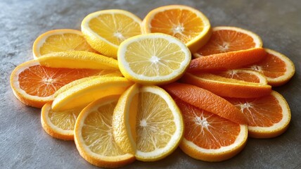 Fototapeta premium Assorted citrus fruit slices arranged in circular pattern