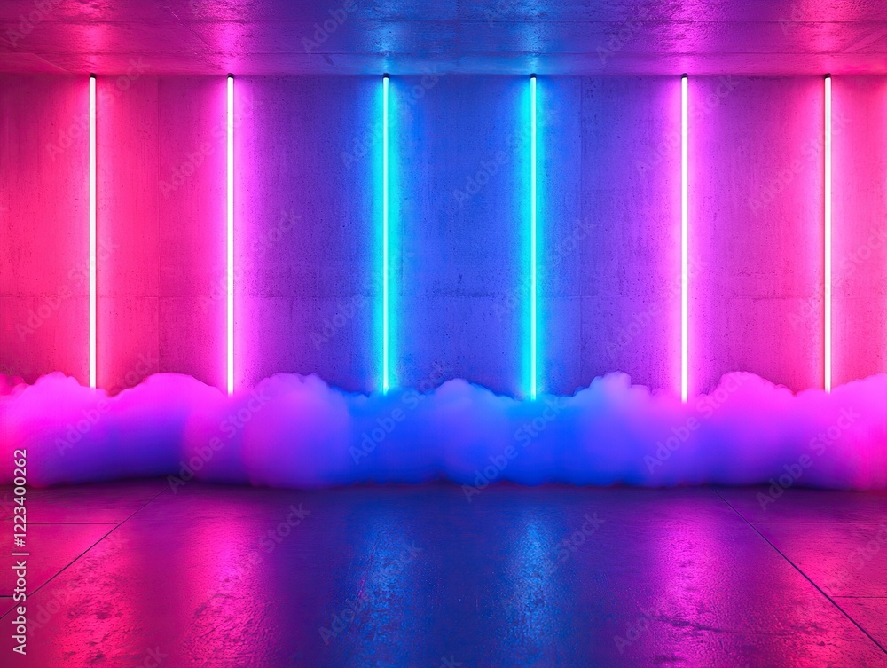 Poster dynamic neon light display with mist effects in modern urban space creating a futuristic ambiance