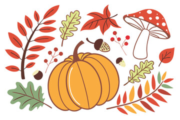 Autumn elements, colorful fall leaves, pumpkin, acorn, mushrooms, berries, apples, chestnuts, squash, fern, oak leaf, maple leaf, toadstools, botanical illustration, hand-drawn style, flat design,