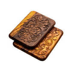 Handcrafted Wooden Coasters with Carved Designs Isolated on Transparent Background