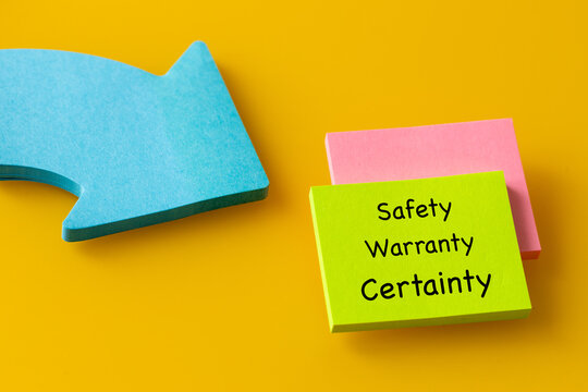 Security Warranty Certainty Conceptual words. Business slogan. Building customer security and trust. Security, guarantee and certainty icons written on colorful sticky notes with an arrow