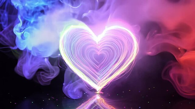 Dolly in video to reveal a sparkling heart materializing from fibers of colorful smoke, the smoke swirls and dances gracefully