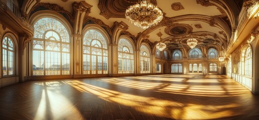 Obraz premium Magnificent Sunlit Ballroom: A Palace of Golden Hues