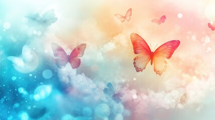 Vibrant butterflies in dreamy multicolored cloudy background