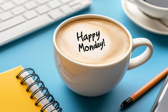 Coffee cup with Happy Monday on a desk