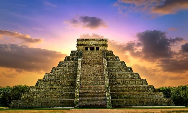 Mayan pyramid in Chichen itza at sunset 