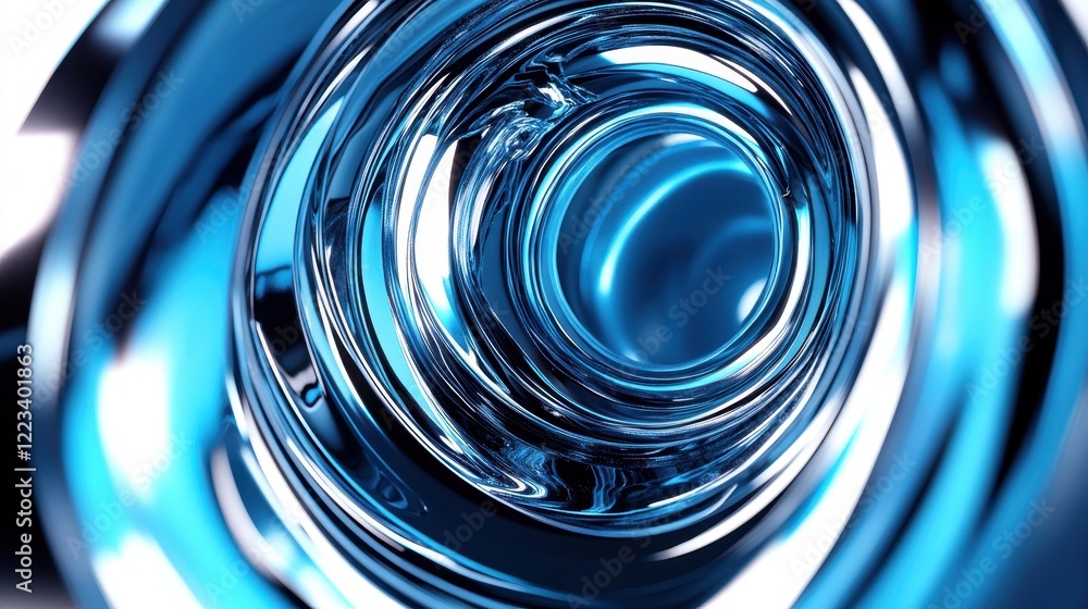 Poster a close-up view of a blue, circular glass object, showcasing a mesmerizing swirl pattern and reflect