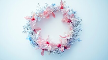 Delicate floral wreath with pink and blue flowers, intricate design