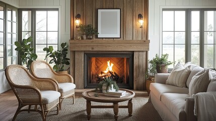 Fototapeta premium A rustic-meets-modern farmhouse living room with warm industrial lighting