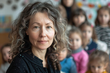 Fototapeta premium A mature teacher stands in front of classroom, AI generated image