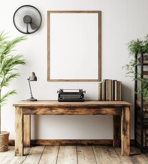 A cozy workspace featuring a wooden desk, vintage typewriter, books, and plants, with a blank frame on the wall ready for artwork.