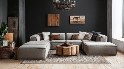 A rustic-modern farmhouse living room showcasing muted charcoal walls