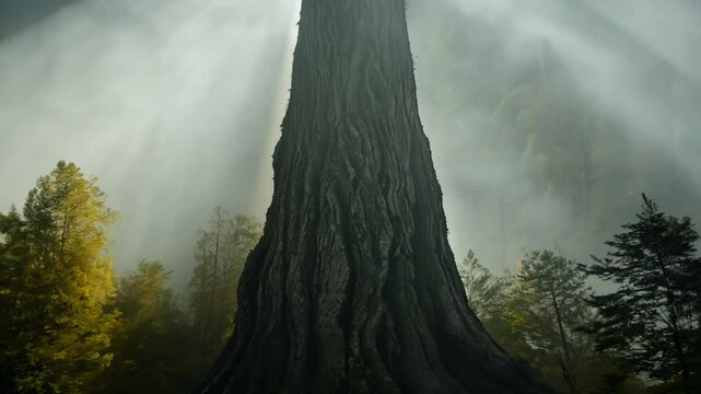 Dolly in cinematic lighting, a lone, ancient tree slowly materializing against a misty forest background, subtle fog rolling through the scene, dappled light filtering through leaves