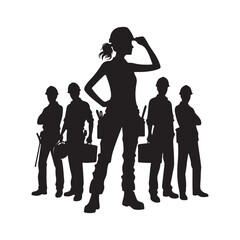 Silhouette of construction workers, industrial scene, group of laborers