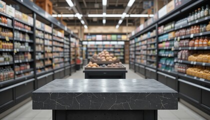 Empty Dark Grey Marble Countertop Supermarket Store Interior Design Modern Retail Showcase Product Placement Mockup Background 3d food shelf aisle    