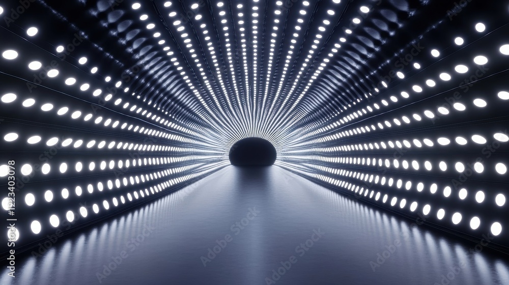 Poster a futuristic tunnel illuminated by a series of bright lights, creating an illusion of depth and moti