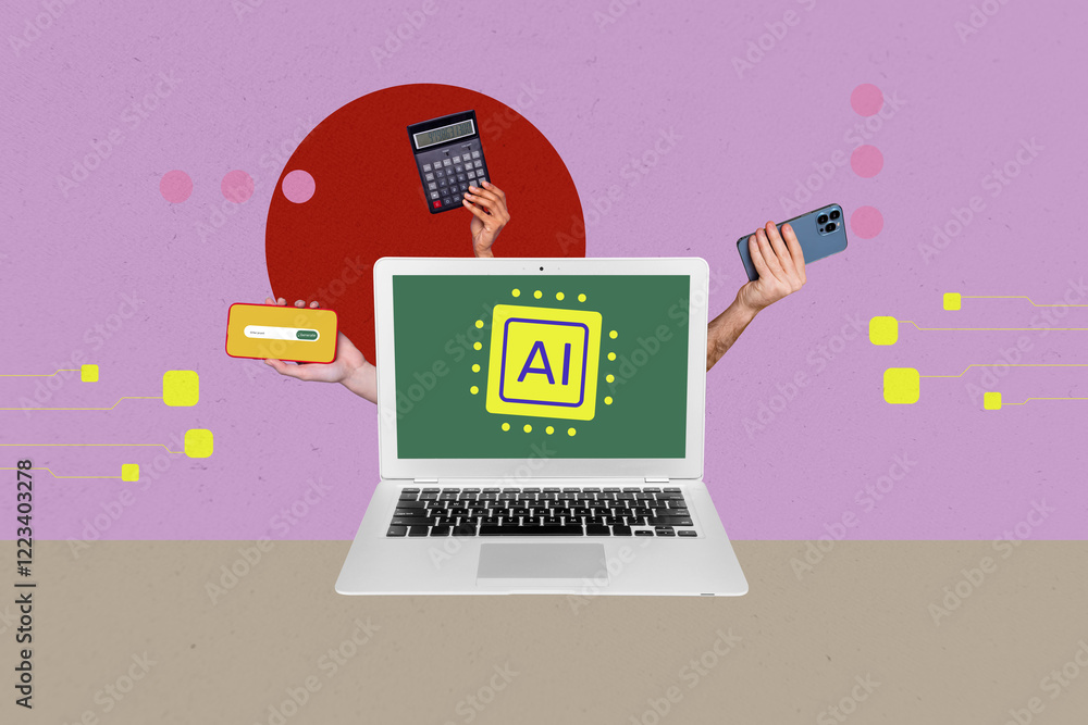 Poster composite photo collage of hands hold phone laptop artificial intelligence app calculator multitask 