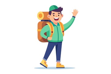 Hiker carrying backpack waving farewell ready for adventure in flat illustration
