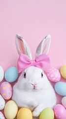 Fototapeta premium White rabbit wearing a pink bowtie is sitting on a bed of colorful Easter eggs