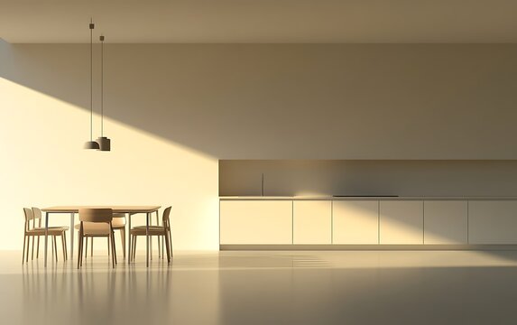 A minimalist modern home office setup featuring an empty wall, a dining area with a table and chairs, and a sleek kitchen counter