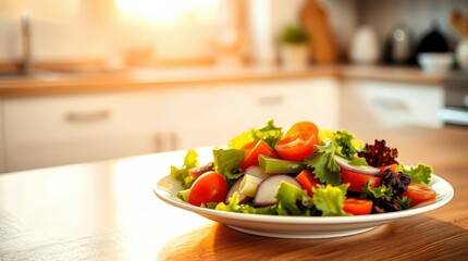 Fresh and Colorful Vegetable Salad with Lettuce, Cherry Tomatoes, and Onions on a White Plate in a Bright Kitchen Setting