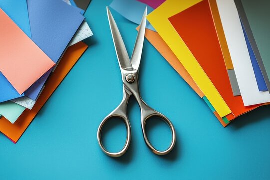 Small pair of scissors on a desk with colorful craft papers