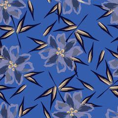 Vector tropical floral seamless pattern. Elegant background with exotic flower, leaves, jungle plants, hand drawn elements. Abstract botanical ornament