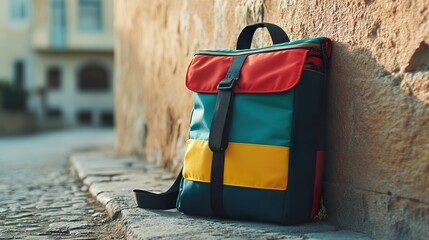 An engaging PSD mockup of a colorful backpack resting against a wall, showcasing its design and fabric.