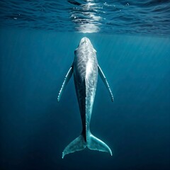 Naklejka premium A gentle giant, a blue whale, gracefully gliding through the deep ocean, World Whale Day, marine life, immensity, tranquility