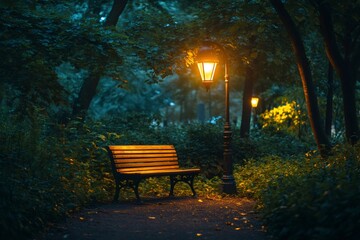Empty bench illuminating by street light in a peaceful park at night