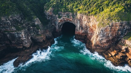 A stunning aerial view of a hidden sea cave, surrounded by rugged cliffs and lush greenery, with...