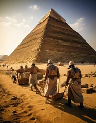 a group of people dressed in traditional attire, pulling a cart with stones in front of one of the pyramids, likely the Great Pyramid of Giza in Egypt.