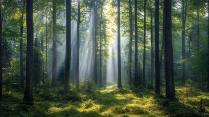 Sunlit Forest Path: Serene Green Canopy and Mystical Light Rays