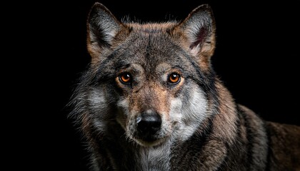 Fototapeta premium close-up front-facing portrait of a wolf with piercing amber eyes and textured fur on a black background 