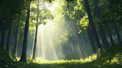 Obraz premium Sunlit Forest: Serene Green Canopy with Golden Rays