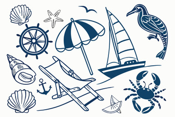 Obraz premium Beach vacation, nautical elements, blue and white illustrations, seashells, crustaceans, boats, beach umbrella, deck chair, seagull, starfish, swimsuit, seahorse, conch shell, sailboat, fishing boat, 