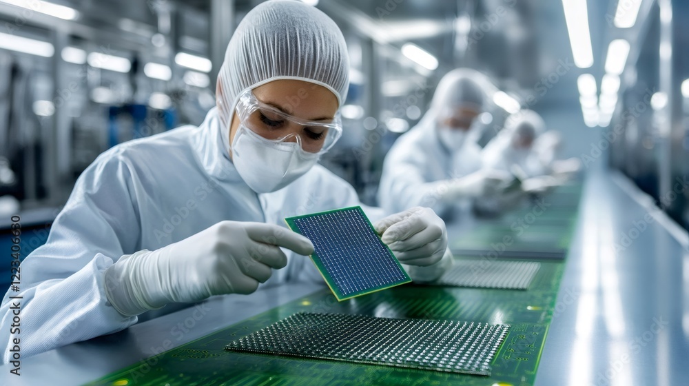 Aufkleber Technician examining microchip in high tech factory production line