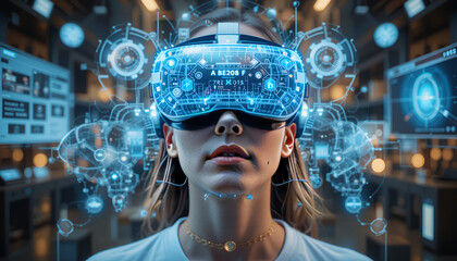 Naklejka premium Human Wearing Futuristic VR Headset in a Digital Virtual Reality Interface