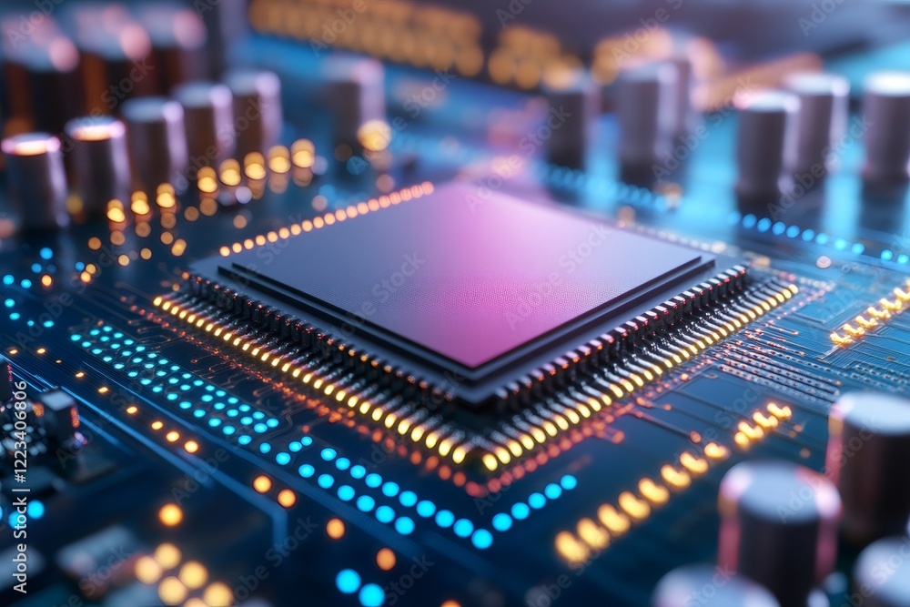 Fototapete modern cpu processor unit on motherboard with bright lights showing data flow