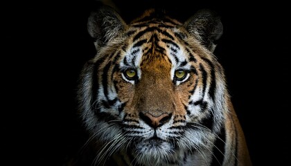 Naklejka premium close-up portrait of a tiger with piercing eyes, detailed orange and black stripes, and sharp whiskers emerging from the dark 