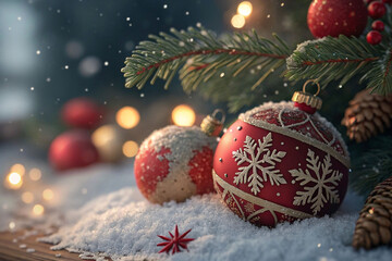 Obraz premium Festive Christmas ornaments nestled in snow with twinkling lights and pine branch.