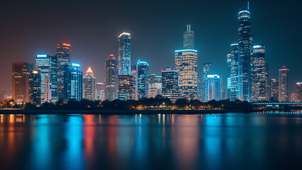 Fototapeta premium Guangzhou Skyline: Neon Reflections at Night