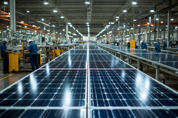 Naklejka premium Solar Panel Manufacturing in a Modern Factory Setting